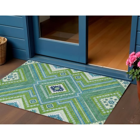 Homeroots 3' X 5' Lime Green Aqua And Ivory Tribal Washable Indoor Outdoor Area Rug 598130