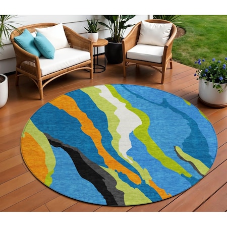 Homeroots 8' Denim Blue Copper And Green Round Abstract Washable Indoor Outdoor Area Rug 600962