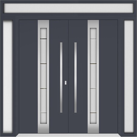 Vdomdoors Metal Double Doors Deux 1717 Gray Graphite Frosted Glass 2 Sidelights and Top Transom Entry Modern DEUX1717DEXD-GRE-W16+72+16xH96+12-RH-O
