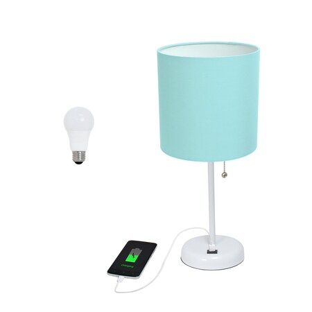 Homeroots 20" White Metal USB Table Lamp LED With Aqua Drum Shade 642909