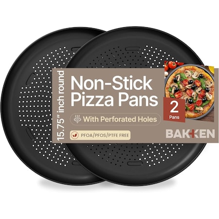 Bakkenmaster Bakken 16-Inch Nonstick Pizza Pan 2-Pack, Carbon Steel Tray with Holes, Dishwasher & Oven Safe BKPIZAWV22BL