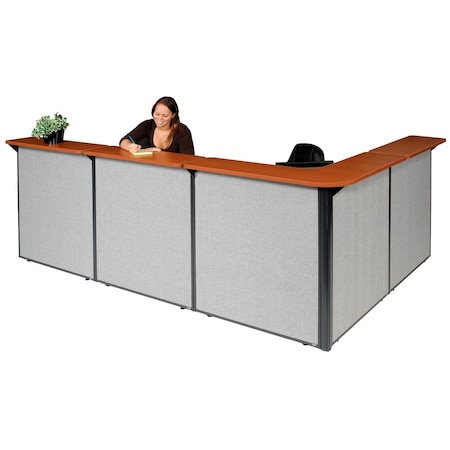 Global Industrial Interion L-Shaped Reception Station, 116"W x 80"D x 44"H, Cherry Counter, Gray Panel 249011CG
