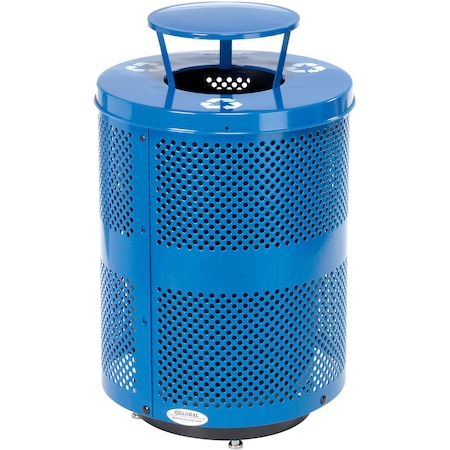 Global Industrial Outdoor Perforated Steel Recycling Trash Can, Base and Rain Lid, 36 Gal, Blue B3178680