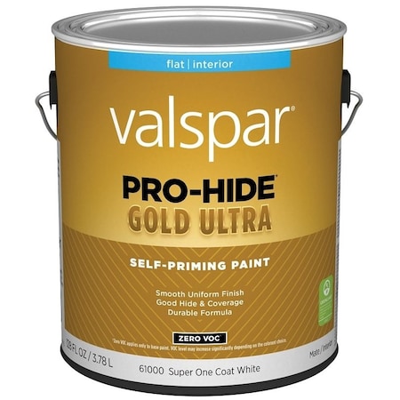 Valspar Pro-Hide Gold Ultra 6100 Latex Paint, Acrylic Base, Flat Sheen, Super One Coat White, 1 gal 028.0061000.007