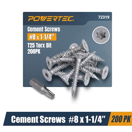 Powertec Cement Screws #8 x 1-1/4", Ruspert Coated with T25 Torx Star Drive Bit - High-Low Thread, 200PK 72319