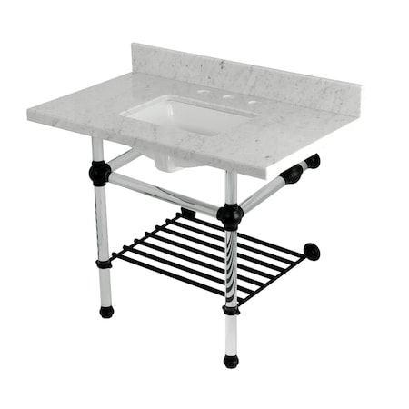 Kingston Brass 36-Inch Carrara Marble Console Sink with Acrylic Legs and Shelf, 8-Inch, 3-Hole KVPB3630MASQB0