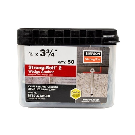 Simpson Strong-Tie Strong-Bolt 2 Wedge Anchor, 3/8 in Dia, 3-3/4 in L, Carbon Steel, Zinc Plated, 50PK STB2-37334C50