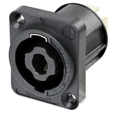 Neutrik speakON 4 pole chassis connector, black D-size flange, countersunk thru holes, 3/16-in flat tabs NL4MPXX