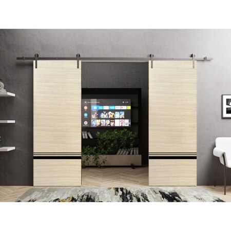 Sartodoors Sliding Double Barn Doors with Hardware, Planum 0012 Natural Veneer and Aluminum Strips, Silver 13F PLANUM0012DB-S-SHP-36