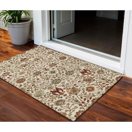 Homeroots 3' X 5' Ivory Brown And Red Floral Washable Indoor Outdoor Area Rug 603419