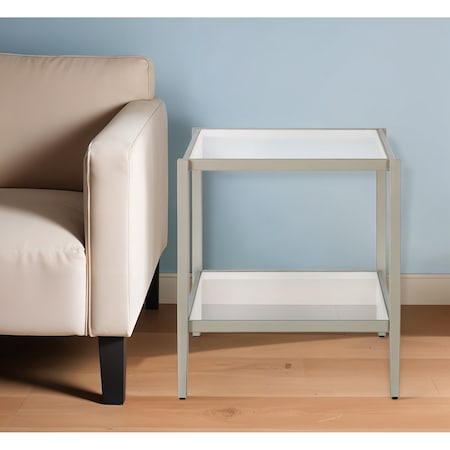 Homeroots 22" Nickel And Clear Glass And Steel Square End Table With Shelf 544179