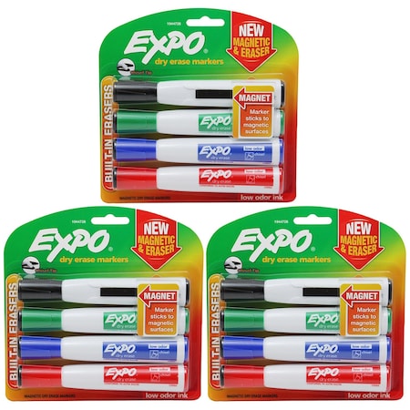 Expo Magnetic Dry Erase Markers with Eraser, Chisel Tip, Assorted, 4-Colors Per Set, 3PK 1944728