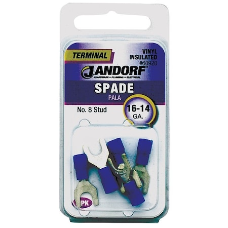 Jandorf Spade Terminal, 600 V, 16 to 14 AWG Wire, #8 Stud, Vinyl Insulation, Copper Contact 60920