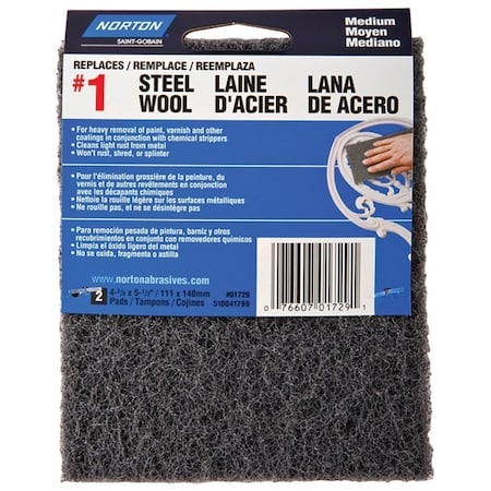 Norton Co 0 Steel Wool, 438 in L, 512 in W, 1 Grit, Medium, Charcoal 1729