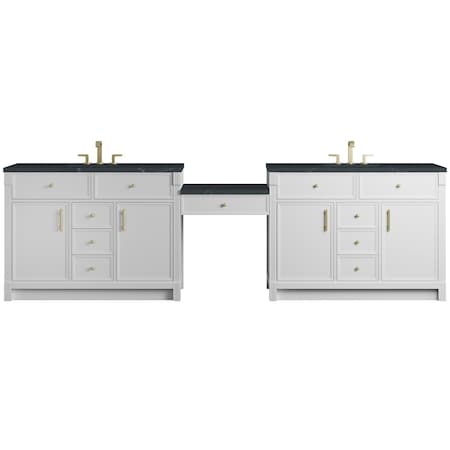 James Martin Vanities Bellshire 120" Dual Vanity Set w/24" Make-Up Counter, Bright White w/3 cm Charcoal Soapstone Silesto 660-VMC120-BW-3CSP