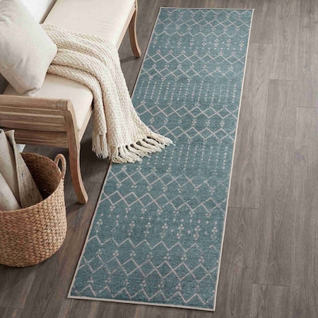 Jonathan Y Leila Moroccan Diamond Trellis Non-Slip Machine-Washable Teal/Ivory 2 ft. x 8 ft. Runner Rug CMR101L-28