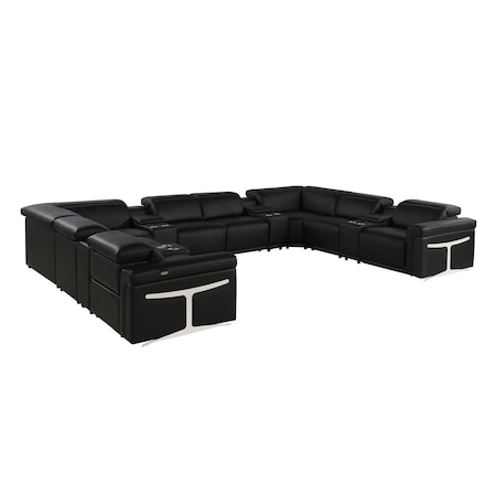 Homeroots Black Italian Leather Power Reclining U Shaped Twelve Piece Sectional With Console 634661