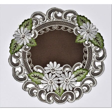 Sinobrite H8852-1-024 24 in. White Daisy Green Leaves on Brown Fabric Doily H8852/1-024