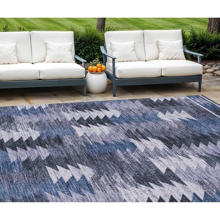 Homeroots 9' X 12' Navy Blue And Sky Blue Southwestern Washable Indoor Outdoor Area Rug 587336