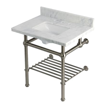 Kingston Brass 30-Inch Carrara Marble Console Sink with Brass Legs and Shelf, 8-Inch, 3-Hole KVPB3030MBSQB8