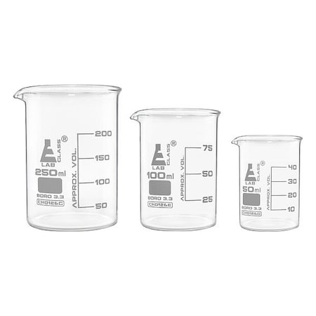 Eisco Scientific Beaker Set, Borosilicate Glass, Low Form, 50 mL, 100 mL, 250 mL / B Type I CH2019005