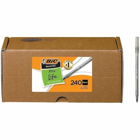 Bic Round Stic Xtra Life Stick Ballpoint Pen VP, 1mm, Black Ink and Barrel, 240/Carton GSM240BK