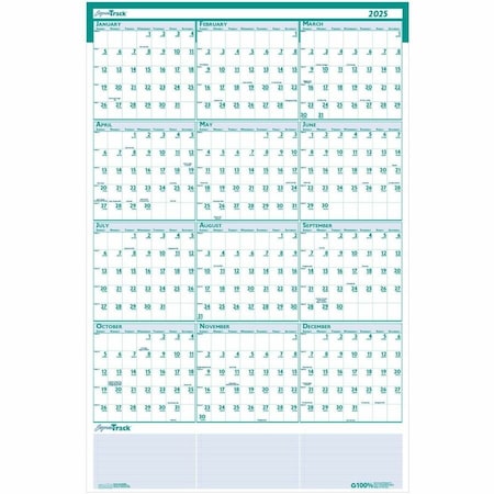 House Of Doolittle 24 x 37" Express Track Reversible/Erasable Yearly Wall Calendar, Teal/Blue HOD392