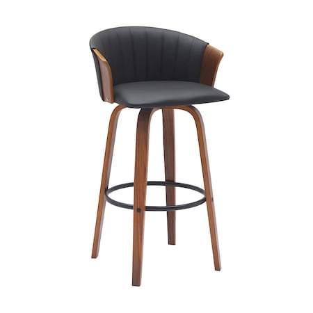 Armen Living Diana 30in Swivel Walnut Wood Bar Stool in Black Faux Leather LCDIBAWABLK30