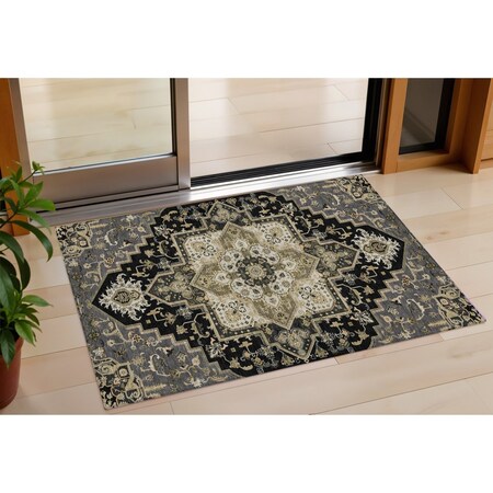Homeroots 3' X 5' Black Gray And Ivory Oriental Washable Indoor Outdoor Area Rug 600138