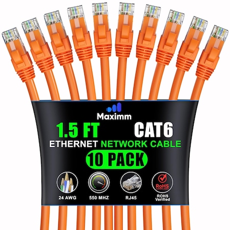 Maximm Cat6 Ethernet Cable 1.5ft 10Gbps 550MHz UTP, 10PK, Orange, 10PK CAT6-CCA-1.5FT-ORANGE-10PK