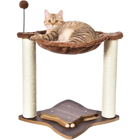 Simple Deluxe Cat Scratching Post for Indoor Cats, Small Cat Tree Tower with Hammock Wooden Interactive Track Bal PTCATTREE18BRN