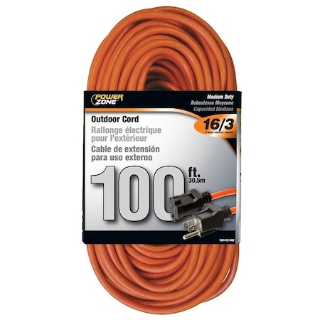 Powerzone SJTW Extension Cord, 16 AWG, Outdoor, 16/3, 1 Outlets, 5-15R, Orange, 5-15P, 100 ft OR501635