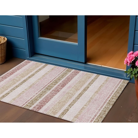 Homeroots 3' X 5' Pink And Beige Striped Washable Indoor Outdoor Area Rug 632233