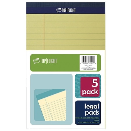 Top Flight 81055 Legal Pad, 8 in L x 5 in W Sheet, 50Sheet, Canary Yellow Sheet 4513090