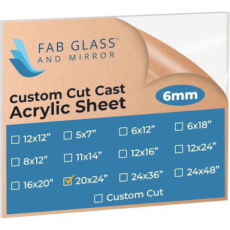 Fab Glass And Mirror Acrylic Sheet Plexiglass, Rectangle PET Sheet 20in x 24in with Protective Film, 1/4in Clear Pan... ACR6M20X24RC