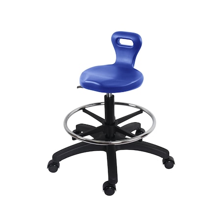 Blue Ridge Ergonomics Polyurethane Serpent Stool-Medium Bench Height with Chrome Foot Ring & Casters in Blue Polyurethane PSPMBSL-RG-CF-RC-BLU