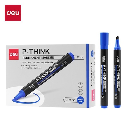 Deli THINK Permanent Marker, Chisel Tip, Blue, Waterproof, 12PK EU10130