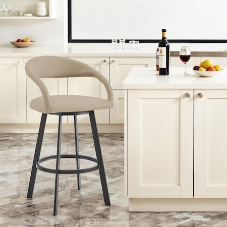 Homeroots 30" Beige and Black Faux Leather and Iron Low Back Bar Height Swivel Bar Chair 569181