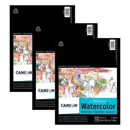 Canson Artist Series Montval Watercolor Pad, Foldover Binding, 12 Sheet, 9x12 inch, 3PK C100511051