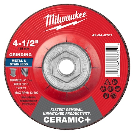Milwaukee Tool Grinding Wheel, 4 1/2" dia. 49-94-0707