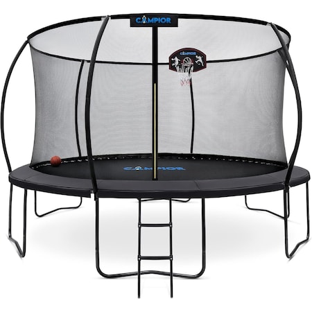 Campior 14ft Pumpkin Trampoline w/ Basketball Hoop, Inner Enclosure, Galvanized Springs, Waterproof Padding RMTRMP145BK