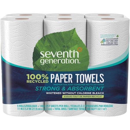 Seventh Generation Perforated Roll Paper Towels, 2 Ply, 140 Sheets, 63 ft, White 13731