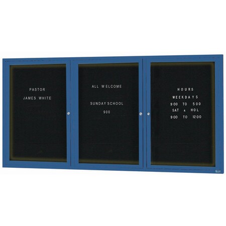 Aarco Illuminated Enclosed Letter Board Directory w/ Powder Coated Blue Al Frame, 48''Hx96''W 3 Doors ADC4896-3IB