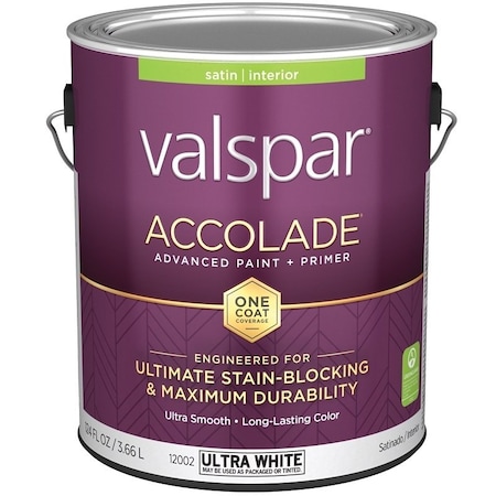 Valspar Accolade 1200 Latex Paint, Acrylic Base, Satin, Ultra White, 1 gal, Plastic Can 028.0012002.007