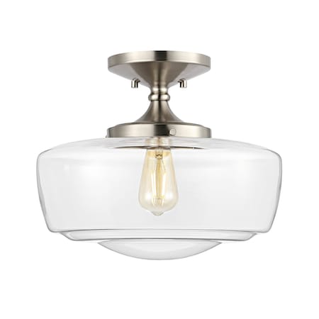 Jonathan Y Marfa 14" 1-Light Modern Farmhouse Schoolhouse Frosted Glass/Metal LED Semi Flush Mount, Nickel JYL7517D