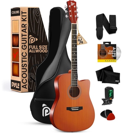 Pyle Steel String Acoustic Guitar Kit, 4/4 Full Size Cutaway All-Wood Guitarra Acustica with Premium PGSTGR007LB