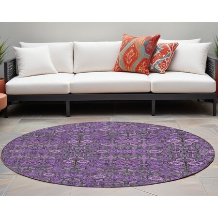 Homeroots 8' Round Purple and Green Round Floral Washable Non Skid Indoor Outdoor Area Rug 564361