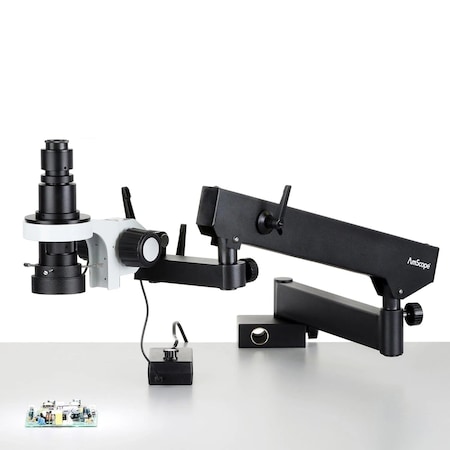 Amscope H800 Zoom Inspection Monocular Stereo Microscope 0.7X-5X on Articulating Arm w/LED Ring Light and 8 H800-ASC-96S-8M
