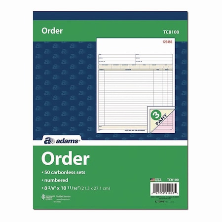 Adams Business Forms Multipart Sales Order Pad, Three-Part Carbonless, 8.34 x 10.19, 50 Forms Total TC8100