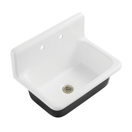 Kingston Brass 30" Cast Iron Single Bowl Wall Mount Kitchen Sink, 2-Hole with Strainer, White/Brushed Nickel KGCKWS3020108